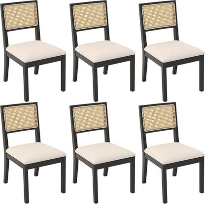 Westice Rattan Dining Chairs Set of 6, Farmhouse Natural Dining Room Chairs with Upholstered Cushion, Wood Armless Chairs for Kitchen/Restaurant, Black