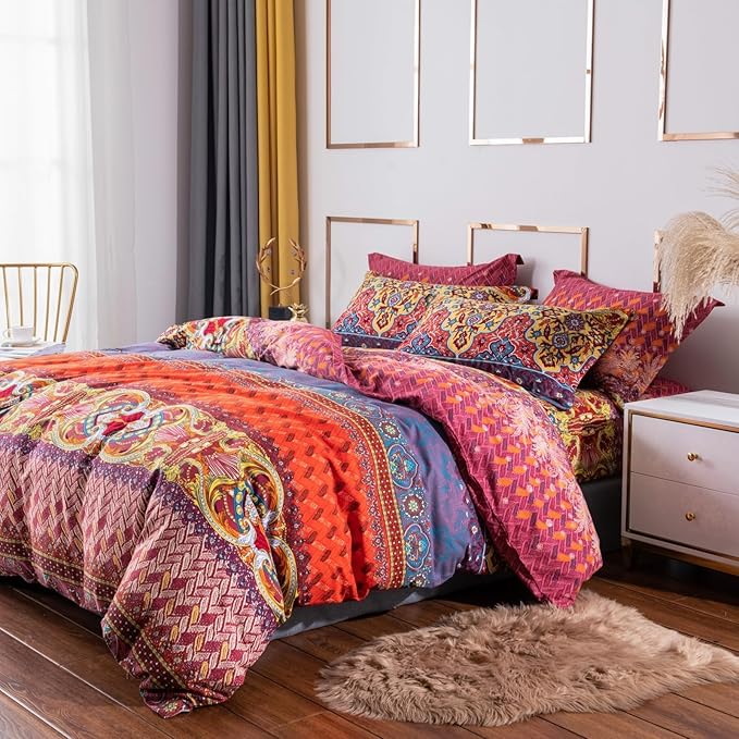 ABREEZE Bohemian Duvet Cover Set Colorful Orange Boho Retro Bedding Set Damask Paisley Cotton Duvet Cover Tribal Reversible Bedding Exotic Style Comforter Cover 3-Piece Full