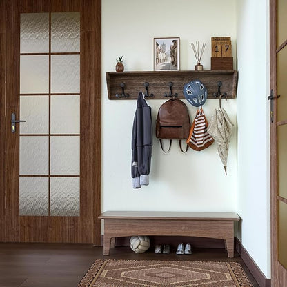 SKOLOO Wall Shelf with Hooks, 24-Inch Weathered Brown Coat Rack Wall Mount with Shelf Organizer - Lightweight & Sturdy, 5 Tri Hooks - Perfect for Entryway, Hallway, Living Room, Bedroom, Mudroom