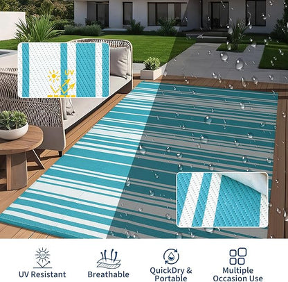 Waterproof Outdoor Rug 8x10 Contemporary Reversible Plastic Straw Rug, Easy Cleaning Striped Patio Carpet, UV-Resistant Indoor Outdoor Floor Cover for RV, Porch, Deck, Backyard, Light Blue