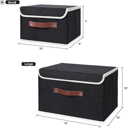 ANMINY Storage Bin with Lid Storage Boxes with PU Leather Handles PP Plastic Board Decorative Foldable Lidded Cotton Linen Fabric Home Cubes Baskets Closet Organizer Container - Black, Small Size