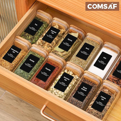 ComSaf 16Pcs Glass Spice Jars with Bamboo Lid, 10oz Airtight Square Containers with 275 Black Lables, Empty Seasoning Jars for Spice Salt Sugar