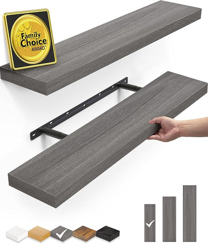 BAYKA Floating Shelves, 22.5" Wall Mounted Wood Shelves for Bathroom, Bedroom, Living Room, Kitchen, Hanging Shelf for Books/Storage/Decor (Grey,Set of 2)