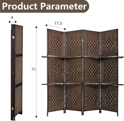 PayLessHere Room Divider 4 Panel Room Screen Divider Wooden Screen Folding Portable Partition Screen Wood with Removable Storage Shelves Color, Brown