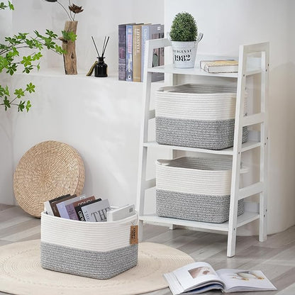 COMFY-HOMI 3-Pack Cotton Rope Woven Basket with Handles for Shelves, Book, Cloth Basket|Dog Toy Basket for Organizingy|13.5" x 11" x 9.5" for Bedroom（White/Grey）