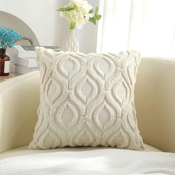 decorUhome Fall Throw Pillow Covers 24x24 Inch Set of 2, Soft Plush Decorative Faux Fur Beige Solid Couch Pillow Covers, Accent Farmhouse Neutral Square Euro Pillow Cases for Sofa Bed Living Room