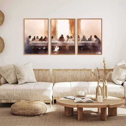 Aurlan Jesus Last Supper Bible Story Wall Art(16"x24"), 3PCS Boho Christ Christian Easter Gifts Canvas Artwork, Neutral Spiritual Religious Faith Decor Prints for Office Home