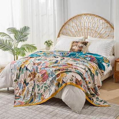Boho Throw Blanket, Reversible Cotton Bohemian Tapestry Hippie Room Decor Double Sided, 100 Cotton King Size Bed Throw, Lightweight Summer Blanket for Travel, Sofa, Picnic,90"x98"
