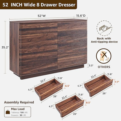 8 Drawer Dresser for Bedroom, 52 Inch Wide Modern Chest of Drawers, Push-to-Open Wood Storgae Organizer with Large Drawers for Bedroom, Living Room, Hallway,Brown