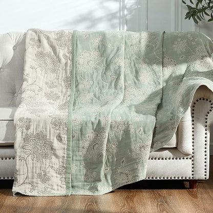 jinchan Boho 100% Cotton Muslin Queen Size 80x90 Inches Blanket Lightweight 4-Layer Quilted Soft Green and Beige Floral Throw Blanket Reversible Comfy Flower Rustic All Seasons Couch Bedroom Decor