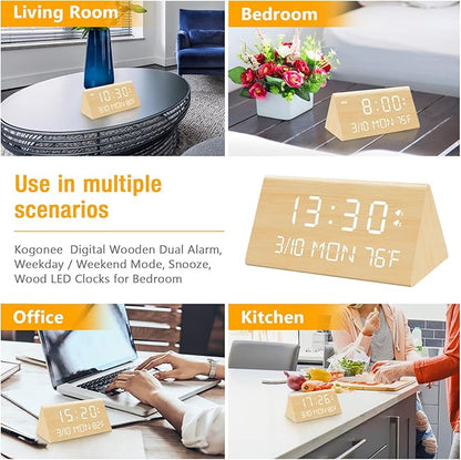 Kogonee Wooden Digital Alarm Clock, 0-100% Dimmer, 2 Alarm Settings, Weekday/Everyday Mode, 9 Mins Snooze, 12/24H, Temperature and Date Display for Office, Travel, Bedroom Alarm Clock (Bamboo)