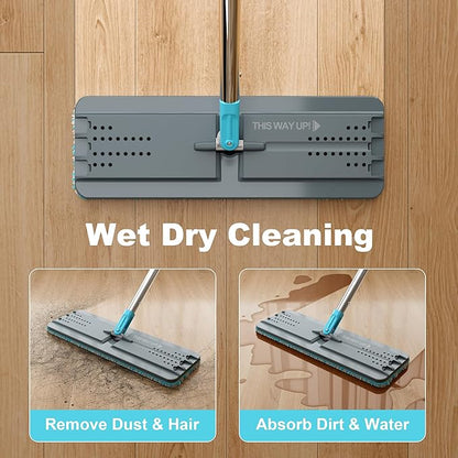 JOYMOOP Mop and Bucket Set with Wringer, Mops for Floor Cleaning, Wall Mop Cleaner with Long Handle, with 4 Reusable Microfiber Mop Pads - Grey+Cyan Blue