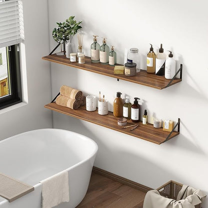 Fun Memories Deep Floating Shelves, 55W x 12D Floating Shelves for Wall, Wood Floating Shelf with Bracket, Wide Display & Storage Wall Shelves for Living Room, Bedroom, Walnut