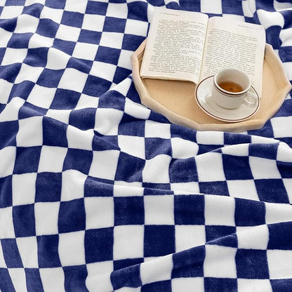 LOMAO Throw Blankets Flannel Blanket with Checkerboard Grid Pattern Soft Throw Blanket for Couch, Bed, Sofa Luxurious Warm and Cozy for All Seasons (Dark Blue, 50"x60")