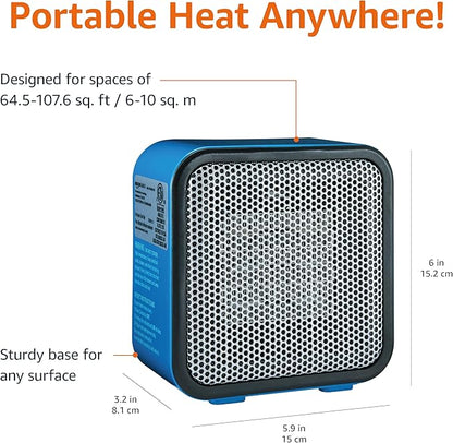Amazon Basics Ceramic Space Heater, Mini Heater for Office Desk, Portable Tent Heater for Camping (Indoor Use), 500 W, With Tip-Over Protection, Lightweight (1.4 LBS), Blue, 5.9 x 3.2 x 6 inches