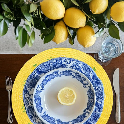 Whaline 4Pcs Round Placemats Lemon Embroidered Place Mats Summer Lemon Greenery Leaves Dinner Table Mats for Home Wedding Baby Shower Birthday Party Decor