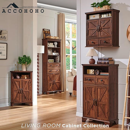 Bathroom Wall Cabinet, Farmhouse Medicine Cabinet, 24" Wide Cabinet with Drawer, Adjustable Shelf, Double Barn Doors, Storage Cabinet for Bathroom, Kitchen, Living Room, Brown