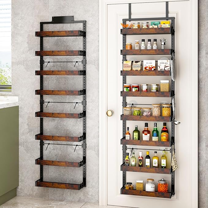 bukfen Over the Door Pantry Organizer, 8-Tier Adjustable Wooden Basket Kitchen Pantry Door Organization and Storage,2 in 1 Wall Mount or Hanging Heavy-Duty Metal Hanging Kitchen Spice Rack,1 Pack
