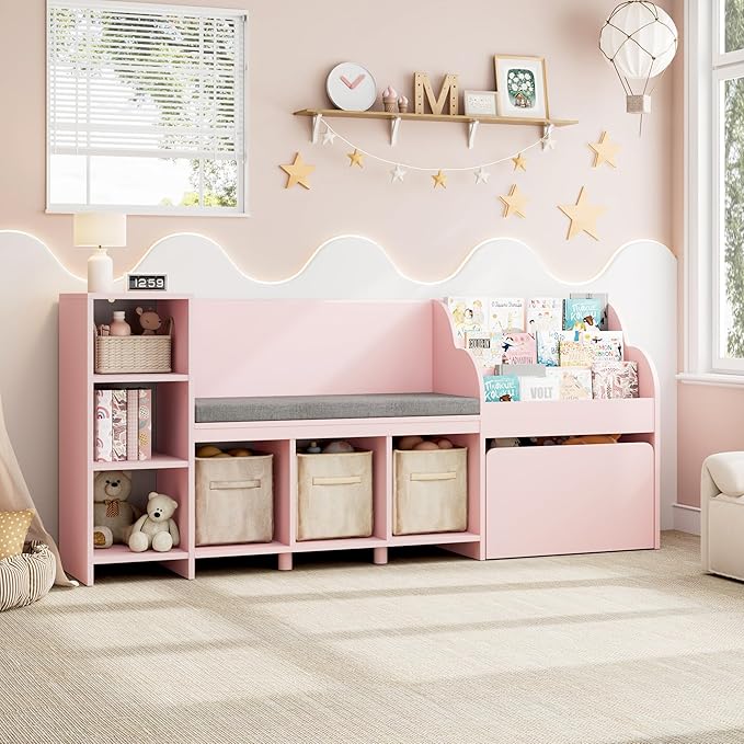 HOSTACK 67" Kids Reading Nook with Bench, Kids Bookshelf and Bookcase with Seat Cushion and 6 Storage Cubbies, Toy Storage Box on Wheels, Toy Chest for Playroom, Bedroom, School, Pink
