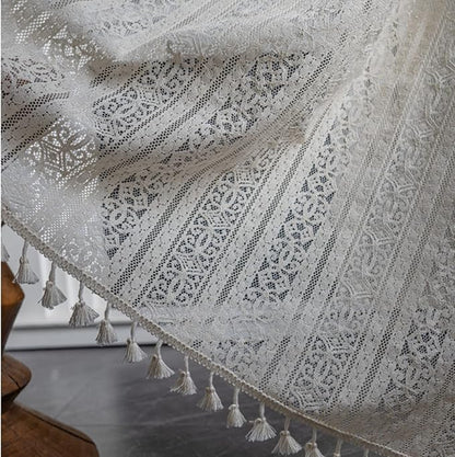 Sutuo Home Boho Curtain Crochet Lace Semi-Sheer Florals Hollow Knitted Handmade Tassels, Rod Pocket Window Treatment Vintage Rustic Farmhouse Drapes for Living Bedroom, 1 Panel 59" W x 63" L, Beige