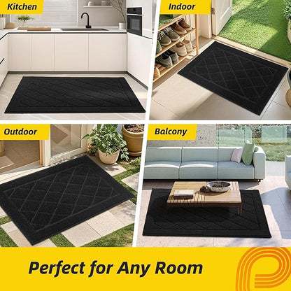 JSEI Dirt Trapper Door Mat 24"x36", Non-Slip Washable Entryway Mats, Dog Door Mat, Stain Resistant and Absorbent Floor Mats, Low Profile Welcome Mat for Front Back Door, Black