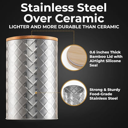 Pebble & Stem® Silver Stainless Steel Canister Set for Kitchen Counter, Food-Grade Canister Set of 4, Airtight Lids, Sugar and Flour Containers for Countertop, Coffee and Tea Storage, Farmhouse Decor