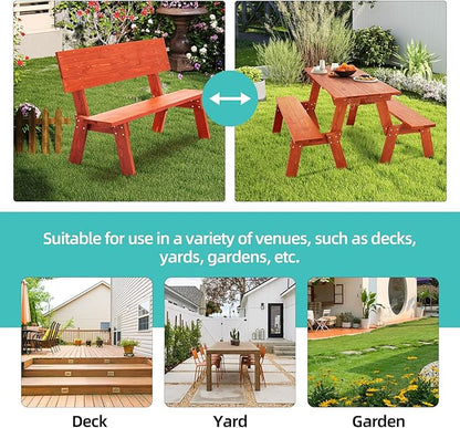 AVAWING Outdoor Convertible Wood Bench with Backrest, Patio Wood Convert a Bench, Space-Saving 2-in-1 Picnic Table Chairs Set for Backyard, Porch, Patio, Garden, Tangerine