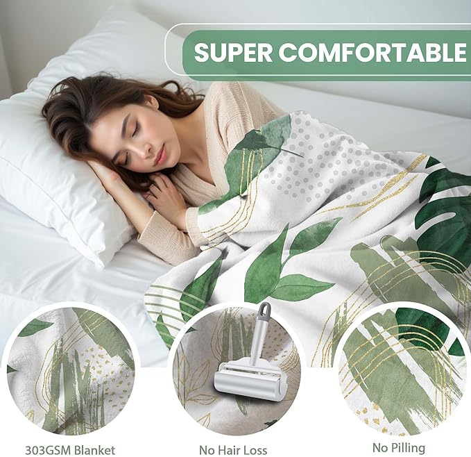 Sage Green Leaf Throw Blanket Mid-Century Green and Gold Boho Flannel Blankets for Couch Bed Living Room Sofa, Decorative Patterned Super Soft Cozy, 50x60 in