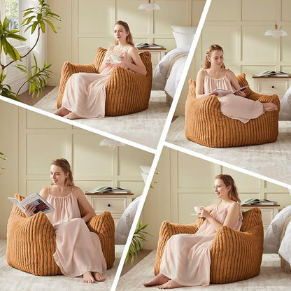 Giant Bean Bag Chairs for Adults Teens, Large Bean Bag Sofa Chairs with Filling Comfy Fuzzy BeanBag Chair with Armrests for Bedroom Living Room Reading (Brown, Medium)