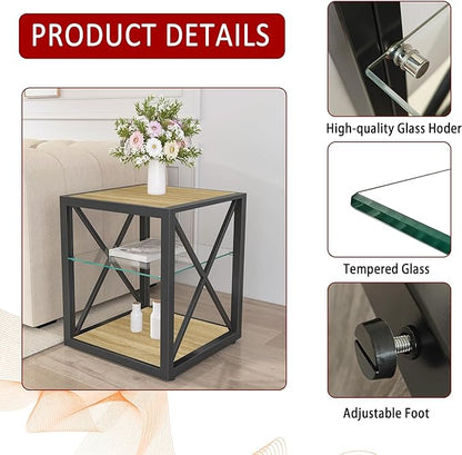 Farmhouse End Table, Modern Side Table with 3-Tier Storage Shelf, Square Rustic Nightstand, Accent Tea Table, for Bedroom Office Living Room, Brown, Natural Wood, Glass, Metal