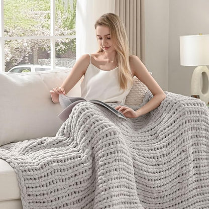 Esterra 100% Hand Knitted Chenille Throw Blanket, Cozy Soft Thick Cable Knit Throw, 40x50 Inches, Light Gray