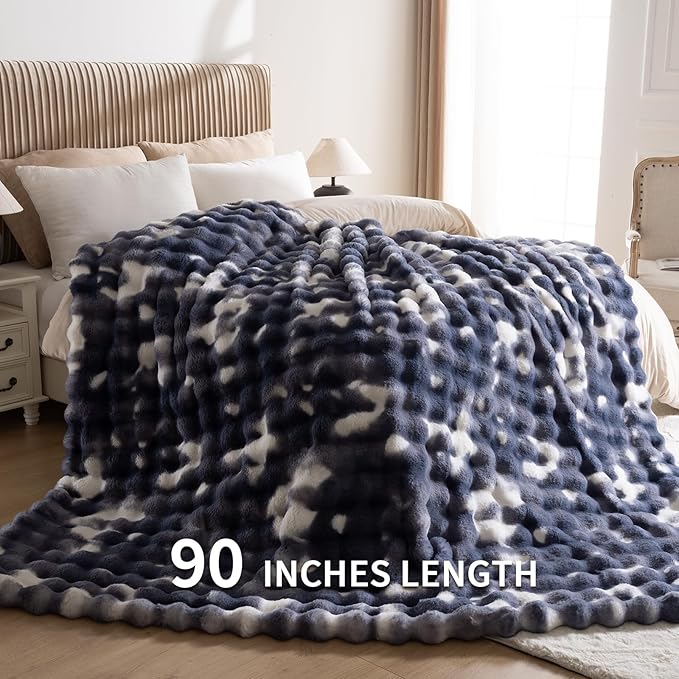 Cozy Faux Fur Throw Blanket for Bed-Warm Fuzzy Throw Blanket, Soft Plush Thick Bubble Blankets for Bedroom and Living Room, Furry Luxury Blanket, 90 x 108,Tie-Dye Blue
