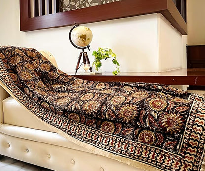 Bohemian Mud Cloth Handmade Throw with Tassels - 120x180 CM Handblock Printed Floral Cotton Blanket, Soft Handloom Sofa Throw for Living Room, Bed, Couch & Home Décor