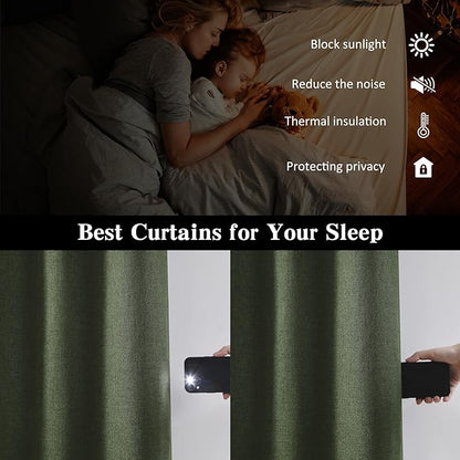RAIN CITY Dark Olive Green Blackout Curtains Linen 80 Inches Long 2 Panels Set, Back Tab Pleated Look Thermal Insulated Curtains & Drapes for Living Room - Loden/Olive Forest W50 x L80