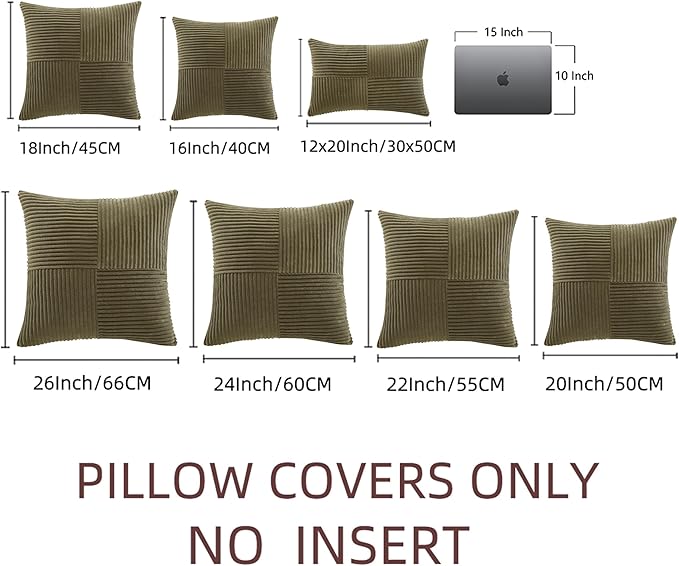 Fancy Homi 2 Packs Olive Green Decorative Throw Pillow Covers 20x20 Inch for Living Room Couch Bed Sofa, Rustic Farmhouse Boho Home Decor, Soft Corss Corduroy Patchwork Accent Cushion Case 50x50 cm