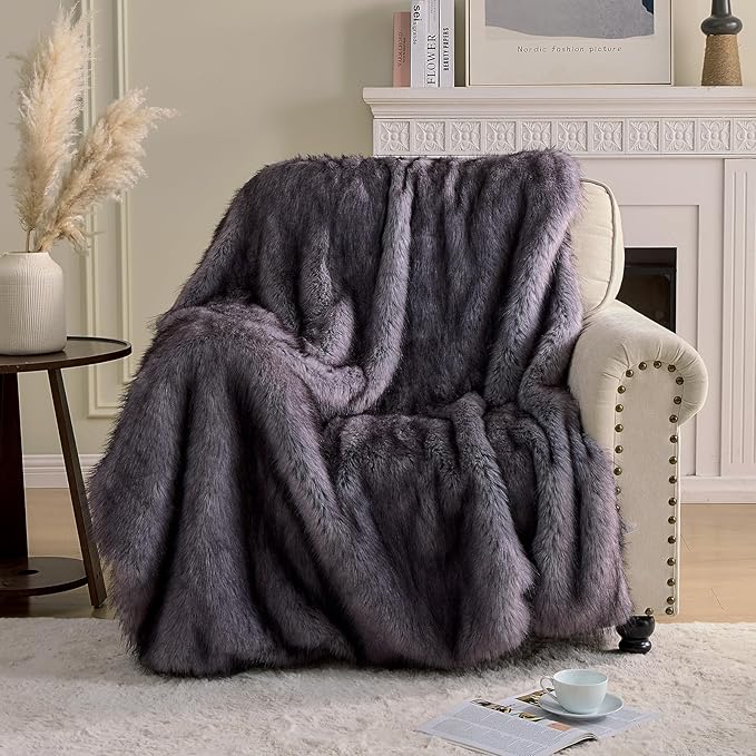 Fluffy Faux Fur Throw Blanket – Super Soft Warm Thick Plush Blanket for Bed, Couch & Office, Cozy Fuzzy Throw with Flannel Backing,108"x90", Grey