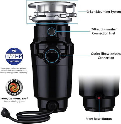 Waste Maid 10-US-WM-058-3B Garbage Disposal Anti-Jam Stainless Steel Food Waste Grinding System, 1/2 HP Economy, Black