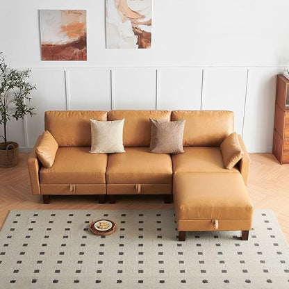 L Shape Modular Sofa, Faux Leather Sectional, 98'' 4 Seater Couch, Mid Century Modern Decor Couch, Office Sectional Sofa Bed, for House, Apartment, Living Room, Tan