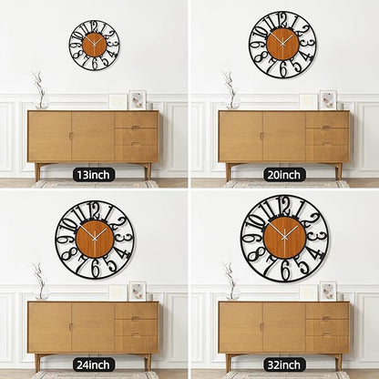 Maxstar Round Wall Clock for Living Room Decor Battery Operated Non Ticking Black Metal Wood Clocks for Home Living Room Garden Office Kitchen Decoration -20 inch