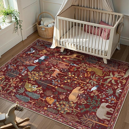 OJIA Jungle Print Washable Area Rugs 5x7, Soft Rugs for Living Room Ultra-Thin Non-Shedding Modern Bedroom Rug, Stain Resistant Throw Rug Large Carpet for Kids Nursery Dining Room, Red