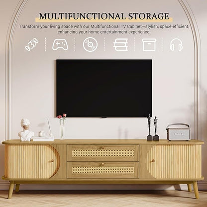 Merax Modern Fluted TV Stand for 75" TVs, Mid-Century Entertainment Center Tambour Door Media Console TV Cabinet with Rattan-Front Drawer for Living Room, Curved Profile Design