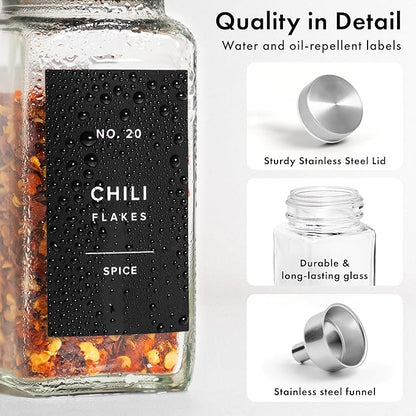Glass Spice Jars with Labels and Steel Lids (24 x 4oz) Spice Containers with 240 Label, Steel Funnel, Shaker Inserts, Empty Square Seasoning Organizer for Spice Rack, Cabinet, Drawer