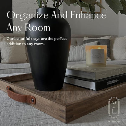 Medium Ottoman Wood Serving Tray- with Leather Handle Decorative Wooden 24 * 16 * 1.5 Inches Square Serving Tray Best for Coffee Table, Living Room and Kitchen