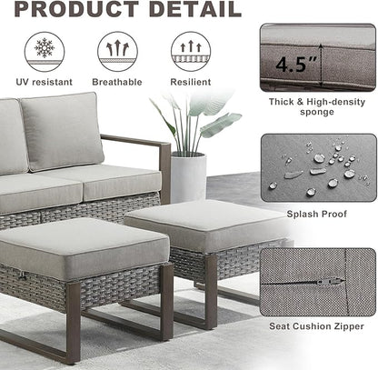 Outdoor Ottoman Wicker Patio Footrest - 2 Piece Wicker Footrest Footstools Set with Sturdy Frame,All-Weather PE Wicker, Thick Cushions for Deck Porch Garden(Mixed Grey/Grey)