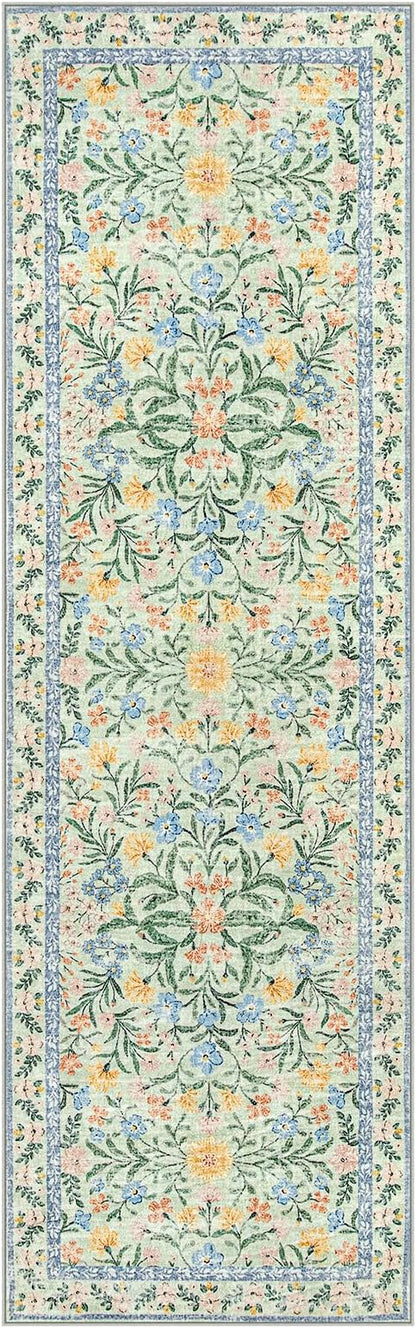 Wonnitar Washable Runners for Hallways, 2'6''x8' Floral Green Runner Rug for Kitchen Bathroom, Boho 8ft Non Silp Extra Long Rugs for Entryway Bedroom Laundry