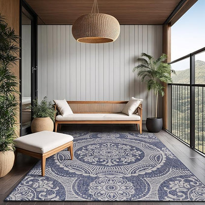 Medallion Outdoor Rug 6x9 Washable Outside Carpet for Indoor Patio Porch Waterproof Easy Cleaning Non Shedding Area Rugs Blue 6 x 9