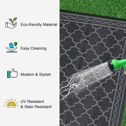 GAOMON Reversible Outdoor Rug 9'x18' Waterproof Plastic Straw Rug, Patio Rug, Large Modern Area Rug Carpet, Indoor Outdoor Rugs for Camping, Porch, Deck, Balcony, Backyard, Black/Grey(Geometric)