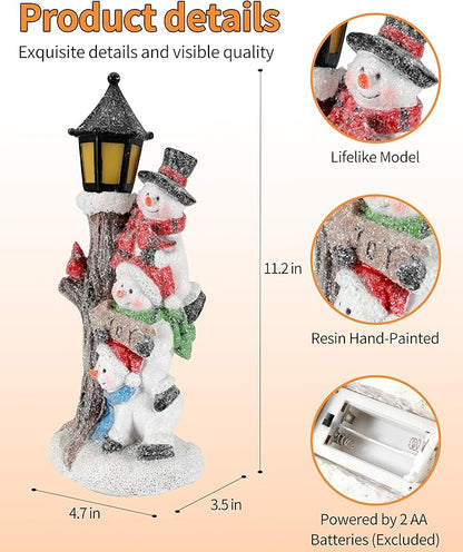 iStatue Lighted Stacked Snowman Tabletop Decor Figurine with Lamppost Lantern - 11.2'' Resin Cardinal Christmas Decorations Indoor - Unique Xmas Gift Idea (Joy Trio)