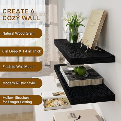 Fun Memories Black Floating Shelves 36 Inch Long, 8 Inch Deep Floating Shelf for Wall, 36" W x 8" D Wall Shelves Set of 2, Black Deep Floating Shelves for Bedroom, Living Room, Kitchen