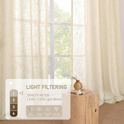 LAMIT Linen Curtains 95 inch for Living Room, Soft Thick Light Filtering Boho Window Textured Neutral Drapes Bronze Grommet for Bedroom Farmhouse, 2 Panels Set 52 x 95 Inch, Beige